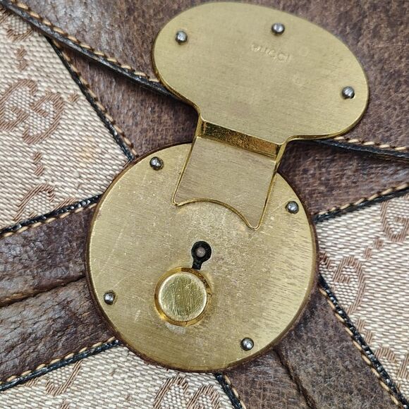 Gucci Brown Leather & Cream Logo Monogram Satchel Bag Vintage - Picture 2 of 16